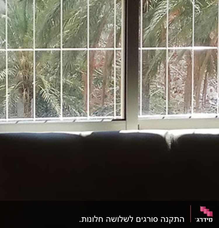 חלון עם תריסים ועצים ברקע
